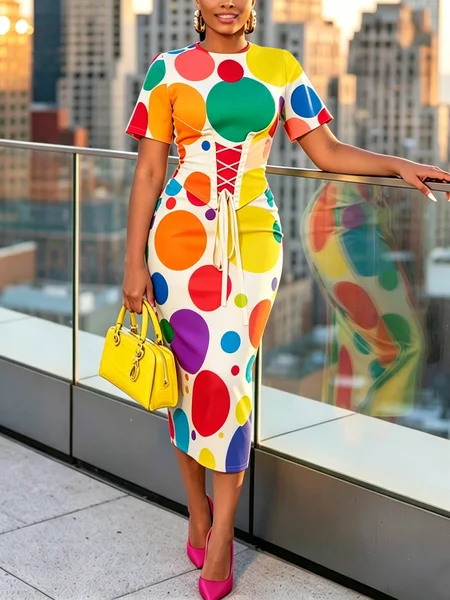Elegant Polka Dots Printing Crew Neck Midi Dress With Girdle