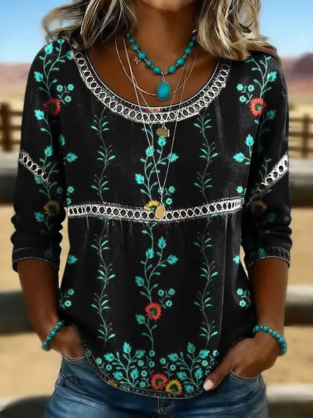 

Crew Neck Half Sleeve Floral Printing Regular Micro-Elasticity Loose Blouse For Women, Black, Blouses