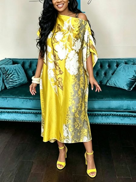 

Elegant Floral Printing Off The Shoulder Midi Dress, Yellow, Midi Dresses