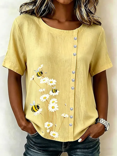 Noracora – Crew Neck Short Sleeve Floral Printing Regular Micro-Elasticity Loose Shirt For Women