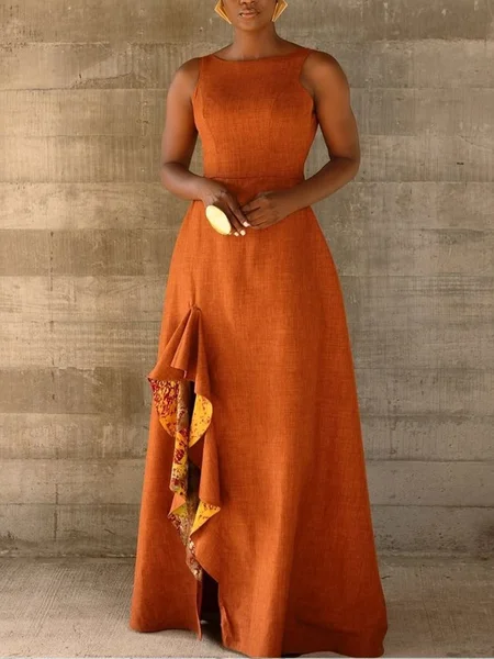 Cotton And Linen Elegant Plain Printing Crew Neck Maxi Dress