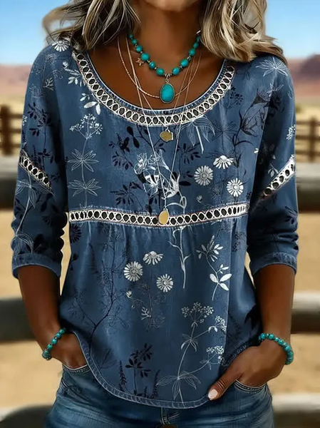 

Women Floral Crew Neck Half Sleeve Blouse Printing Casual Daily Summer Top, Blue, Blouses