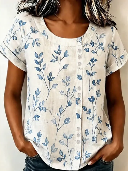 

Women Floral Crew Neck Short Sleeve Shirt Printing Casual Daily Summer Top, White, Shirts