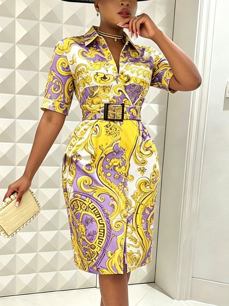 Stylewe – Elegant Random Print Printing Shirt Collar Knee Length Dress With Belt