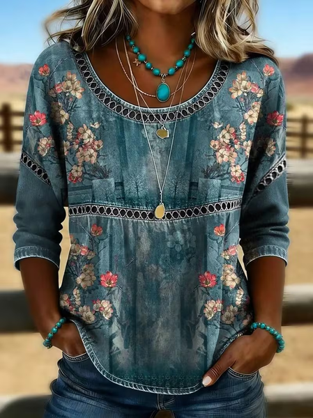 Crew Neck Half Sleeve Floral Printing Regular Micro-Elasticity Loose Blouse For Women