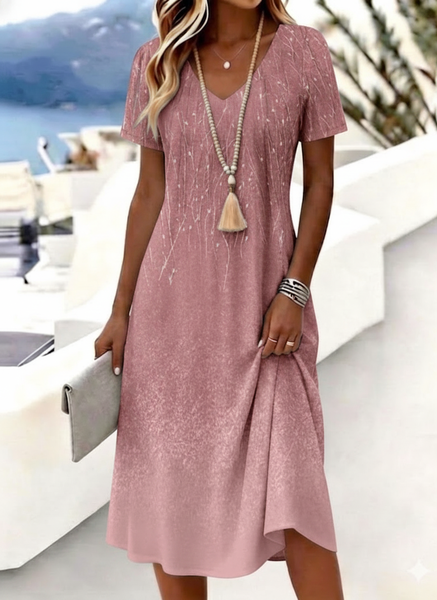Women Ombre Summer Dress V Neck Short Sleeve A-Line Dress