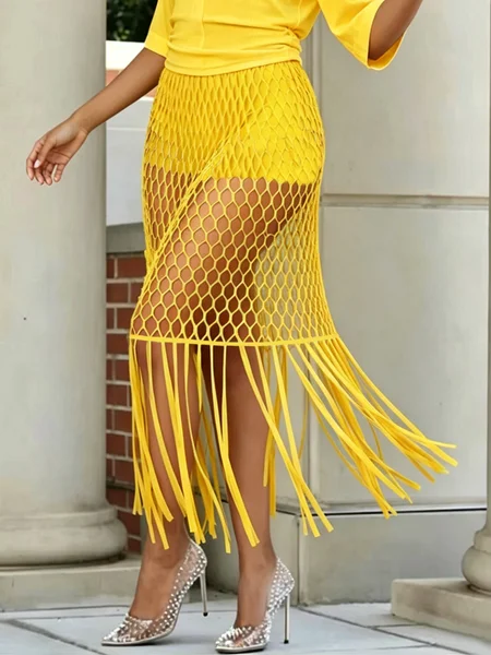 Elegant Tassel Plain Midi Skirt