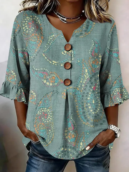 

V Neck Half Sleeve Abstract Printing Regular Micro-Elasticity Regular Fit Blouse For Women, Green, Blouses