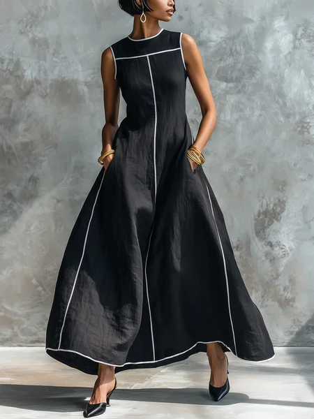 Cotton And Linen Casual Color Block Webbing Crew Neck Maxi Dress