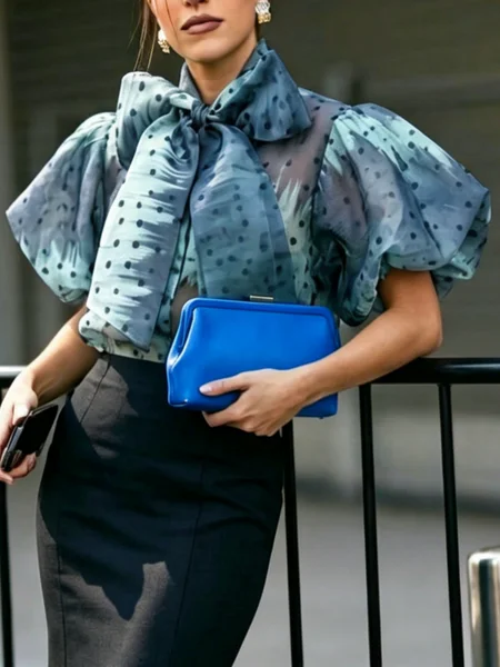 Elegant Polka Dots Printing Tie Neck Puff Sleeve Blouse
