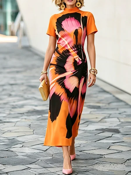 Casual Floral Color Block Mock Neck Midi Dress