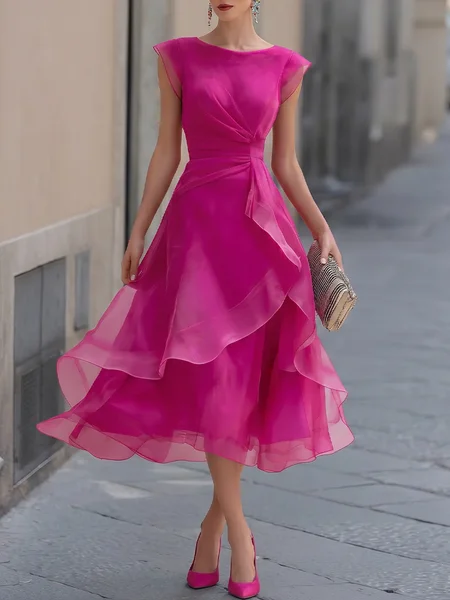 

Elegant Plain Crew Neck Midi Party Dress, Rose red, Cocktail Dresses