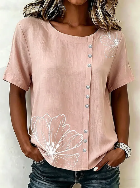Noracora – Crew Neck Short Sleeve Floral Printing Regular Micro-Elasticity Loose Shirt For Women