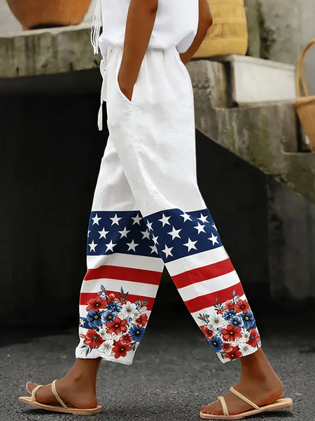 

Women Floral Long Pants Casual Spring/Fall Trousers, White, Pants