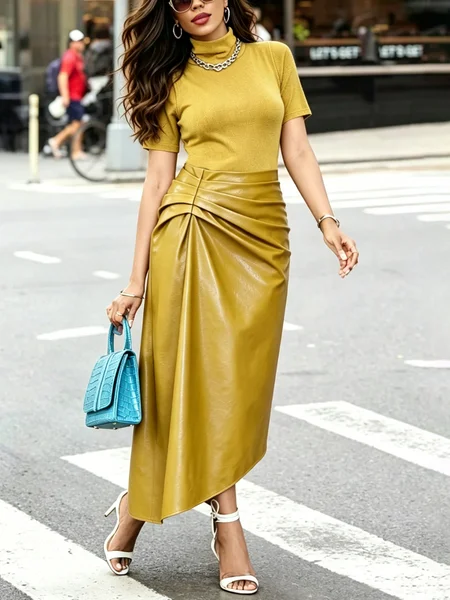 Urban Plain Split Joint Mock Neck Maxi Dress