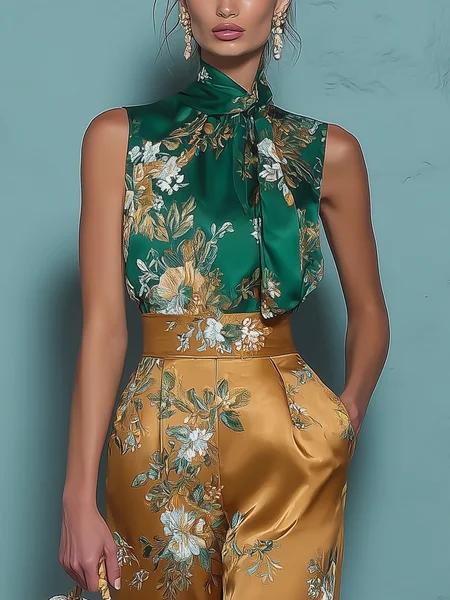 Elegant Floral Printing Stand Collar Blouse