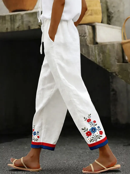

Women Floral Long Pants Casual Spring/Fall Trousers, White, Pants