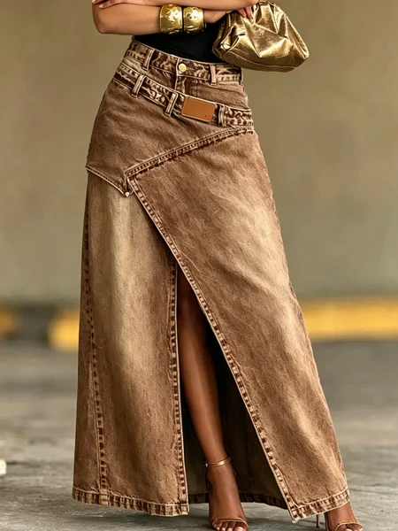 Casual Slit Plain Maxi Denim Skirt