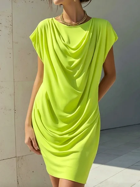 Elegant Plain Ruched Crew Neck Mini Dress