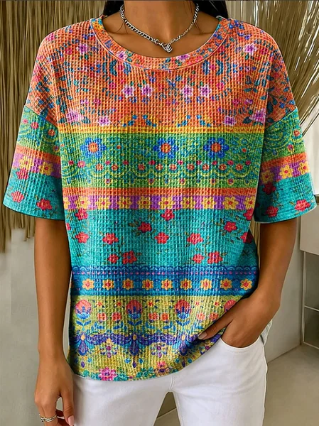 Casual Floral Crew Neck Short Sleeve T-shirt, As picture, T-shirts