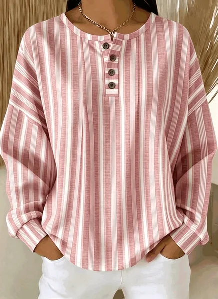 

Casual Henley Collar Striped Sweatshirt, Pink, Hoodies & Sweatshirts