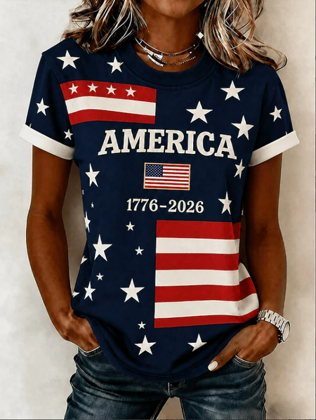 Women Independence Day (Flag) Short Sleeve Tee 4th of July Patriotic Shirt Crew Neck Printing Casual Graphic Tee Summer Top