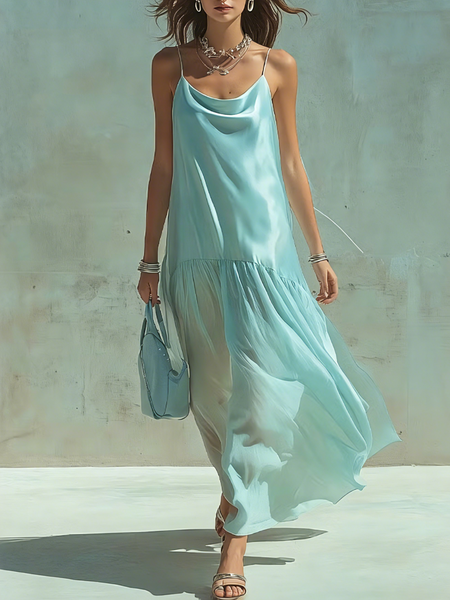 

Elegant Plain Split Joint Spaghetti Maxi Dress, Blue, Maxi Dresses