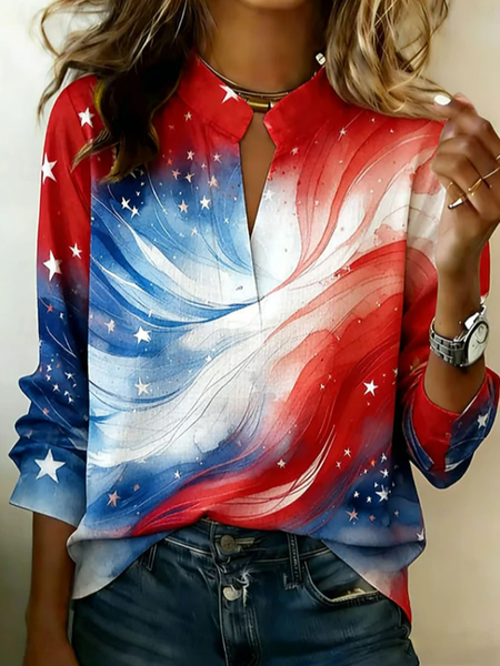 JustFashion – Women Independence Day (Flag) V Neck Long Sleeve Blouse Printing Vintage Daily Spring/Fall Top