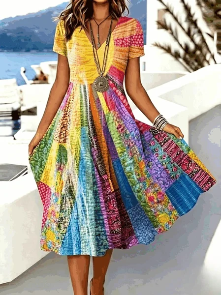 

Women Floral Summer Dress V Neck Short Sleeve A-Line Dress, As picture, Dresses