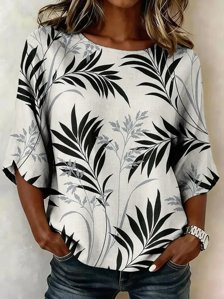 Crew Neck Half Sleeve Leaf Printing Regular Micro-Elasticity Regular Fit Blouse For Women