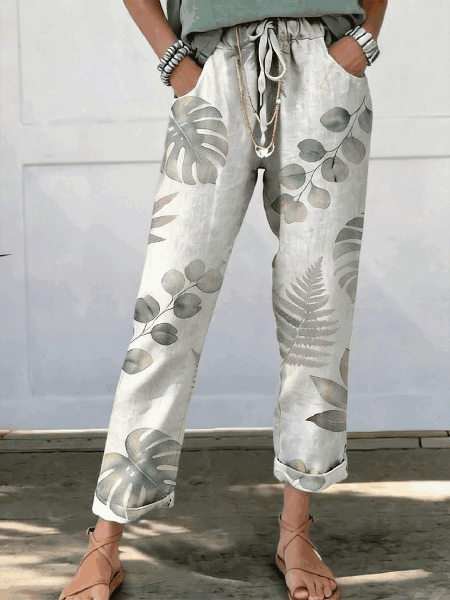 Women Palm Leaf Long Pants Vintage Spring/Fall Trousers