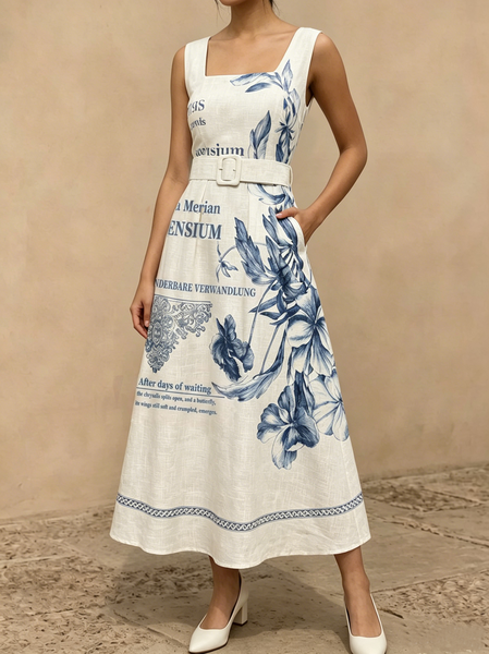 Square Neck Elegant Regular Fit Dress With Belt 1 Square Neck Elegant Regular Fit Dress With Belt