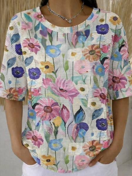 Casual Floral Crew Neck Short Sleeve T-shirt, As picture, T-shirts