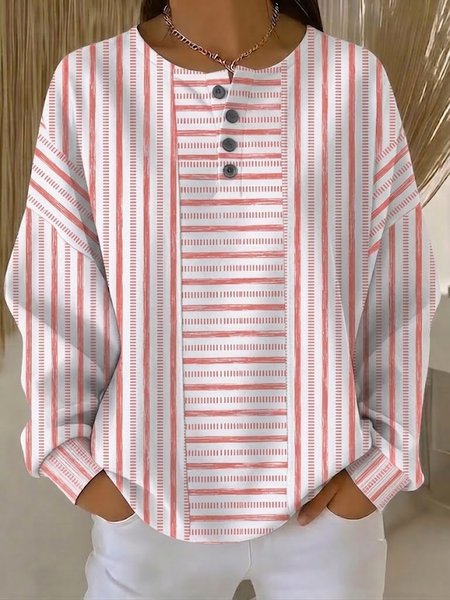 Casual Henley Collar Striped Sweatshirt