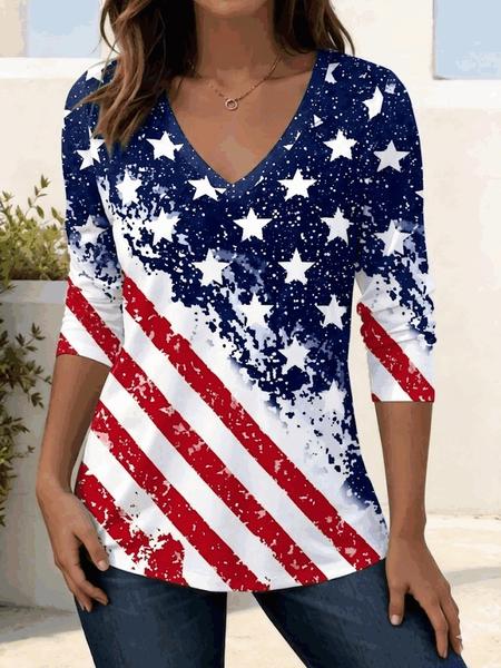Casual America Flag V Neck Long Sleeve T-shirt