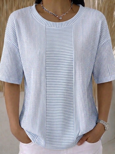 

Women Striped Short Sleeve Tee T-shirt Crew Neck Printing Casual Summer Top, Blue, T-Shirts