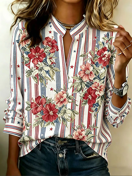 

Women Floral V Neck Long Sleeve Blouse Printing Vintage Daily Spring/Fall Top, White, Blouses