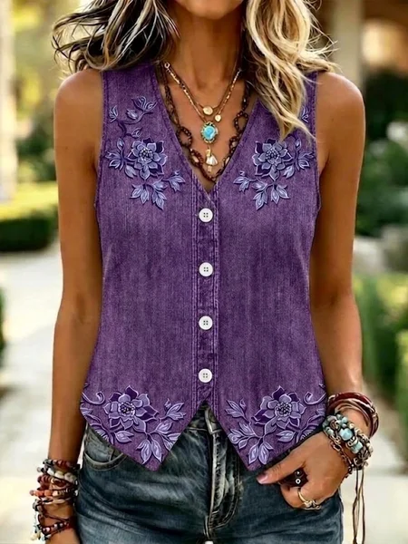 Regular Fit Floral Casual V Neck Vest, Purple, Vest