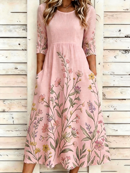 Women Floral Summer Dress Crew Neck Half Sleeve A-Line Dress