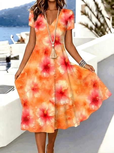 Women Floral Summer Dress V Neck Short Sleeve A-Line Dress
