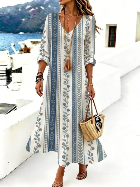 Women Floral Spring/Fall Dress V Neck Long Sleeve H-Line Dress