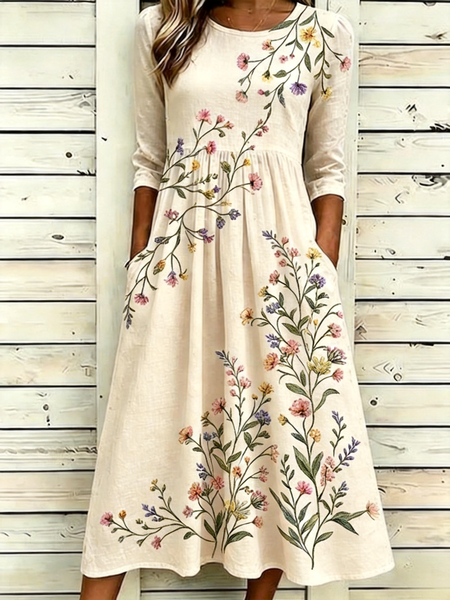 Noracora – Women Floral Summer Dress Crew Neck Half Sleeve A-Line Dress