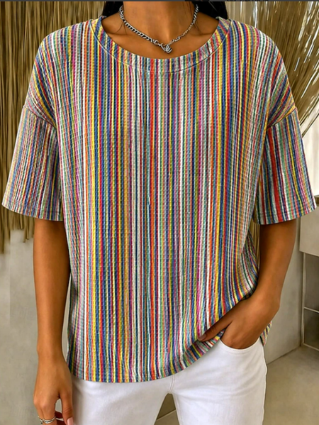 Noracora – Casual Striped Crew Neck Short Sleeve T-shirt