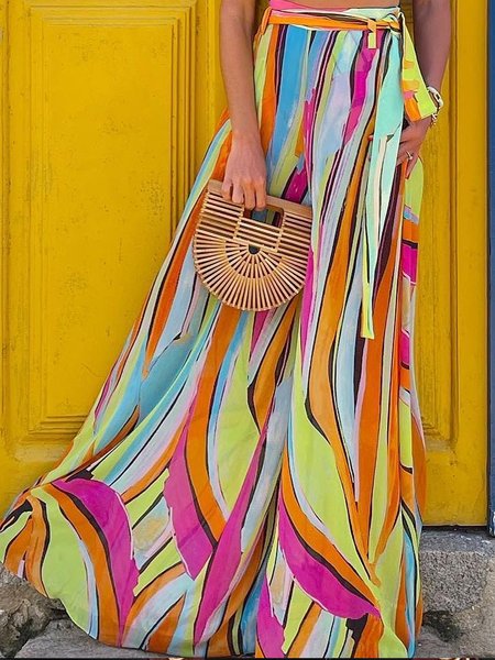 

Vacation Random Print Printing Wide Leg Pants, As picture, Pants