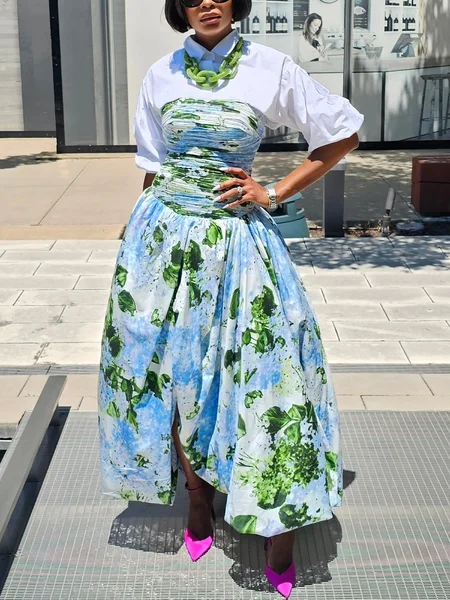 Elegant Floral Puff Sleeve Printing Shirt Collar Maxi Dress