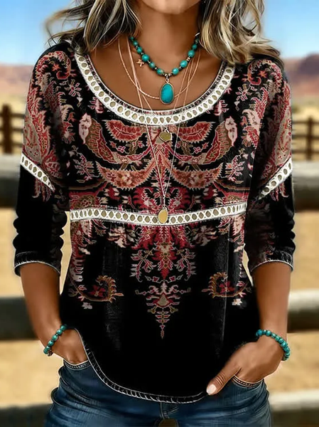 Crew Neck Half Sleeve Ethnic Printing Regular Micro-Elasticity Loose Blouse For Women