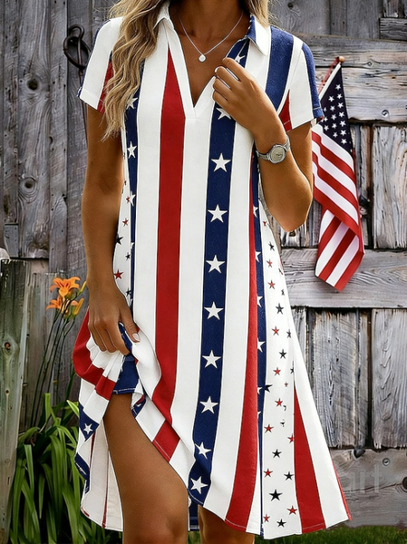 JustFashion – Women Independence Day (Flag) Short Sleeve Shawl Collar Printing Dress Daily Casual Knee Length A-Line Summer Dress