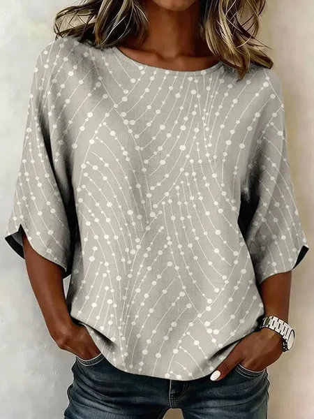 Crew Neck Half Sleeve Abstract Printing Regular Micro-Elasticity Regular Fit Blouse For Women, Light khaki, Blouses