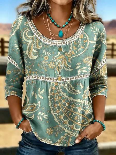 Crew Neck Half Sleeve Paisley Printing Regular Micro-Elasticity Loose Blouse For Women