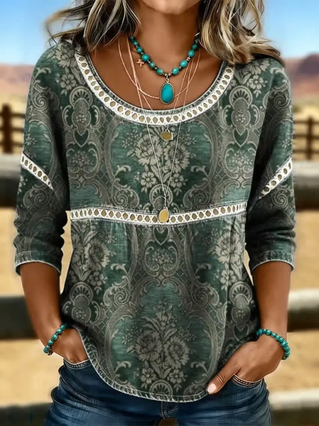 

Crew Neck Half Sleeve Floral Printing Regular Micro-Elasticity Loose Blouse For Women, Green, Blouses